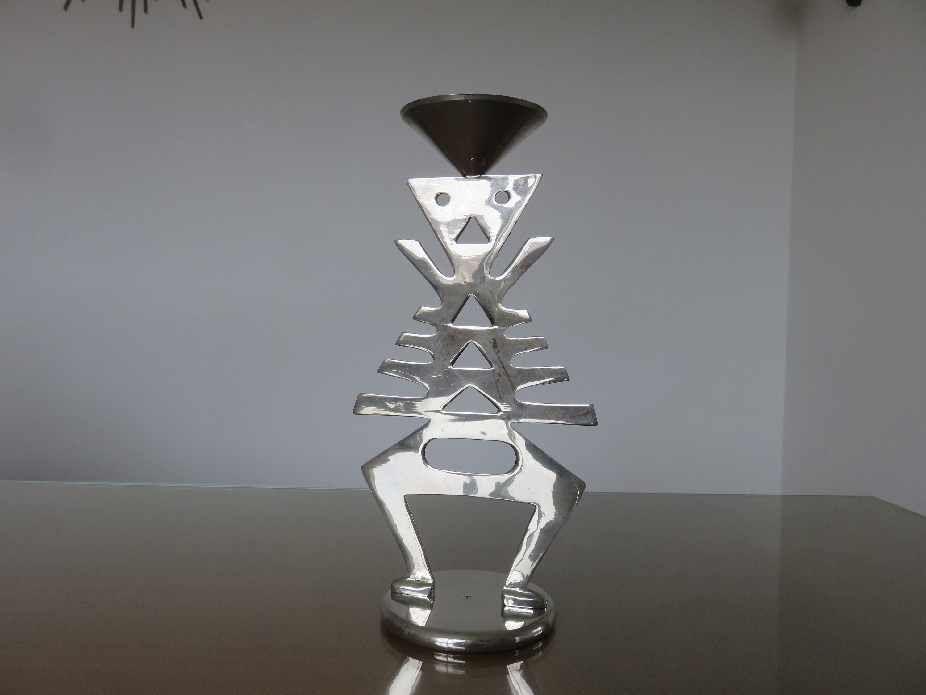 Bougeoir Squelette Ethnique en Laiton Nickelé 1980 80's Old Vintage Design Candle Holder Era Memphis