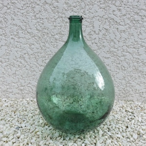 Gran dama Jeanne en vidrio soplado verde, damajuana verde, 15L, 1930 30's 1940 40's antigua botella de vino francés vintage, damajuana