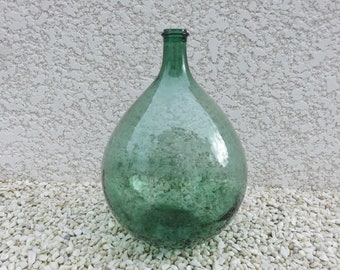 Grande damigiana in vetro soffiato verde, 15L, anni '30, '30, '40, vecchia bottiglia di vino francese d'epoca, damigiana