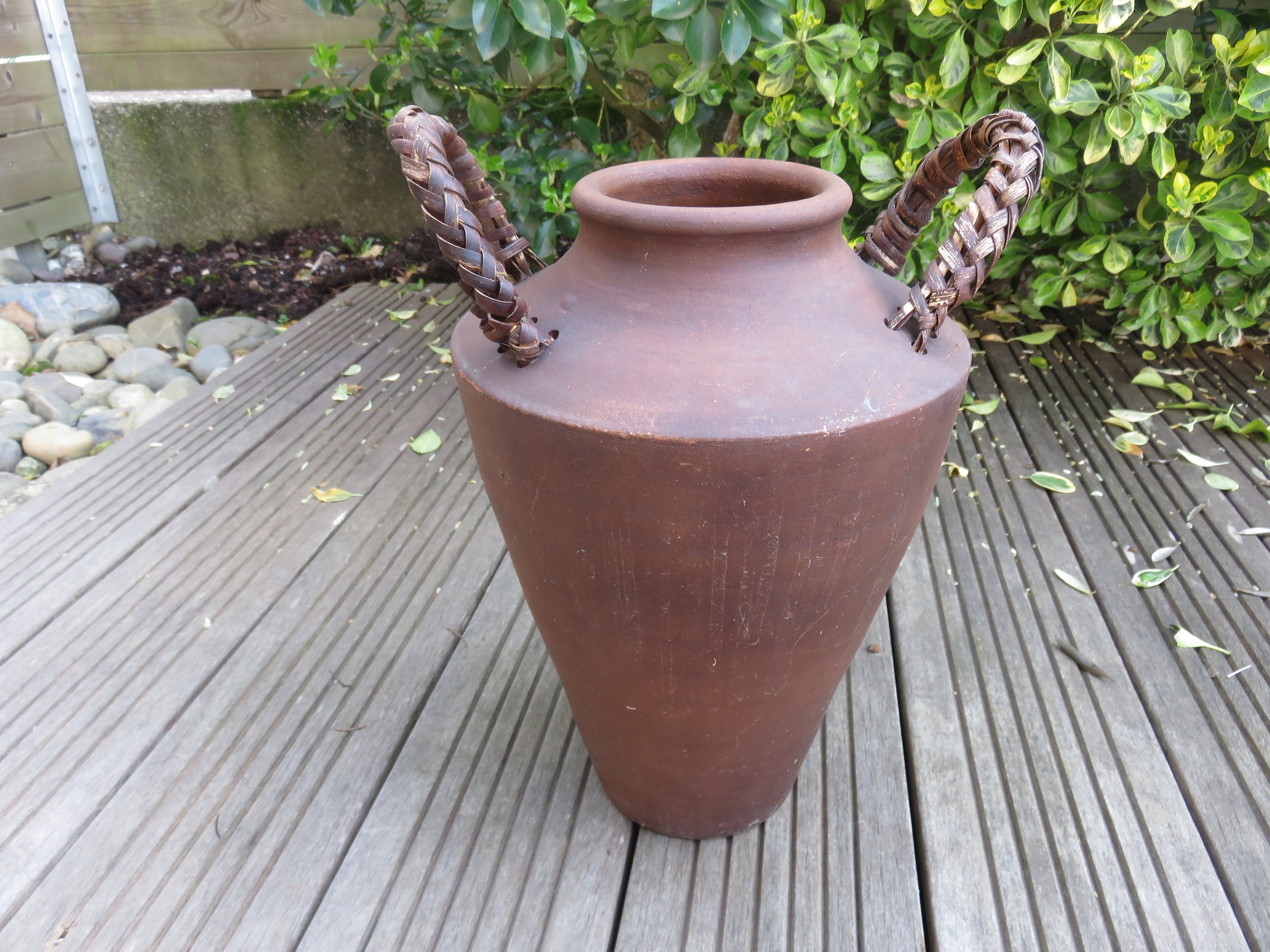 Ancien Pot de Fleurs, Vase, en Terre Cuite, avec Anses Rotin 1930 30's 1940 40's Old Vintage Terraco