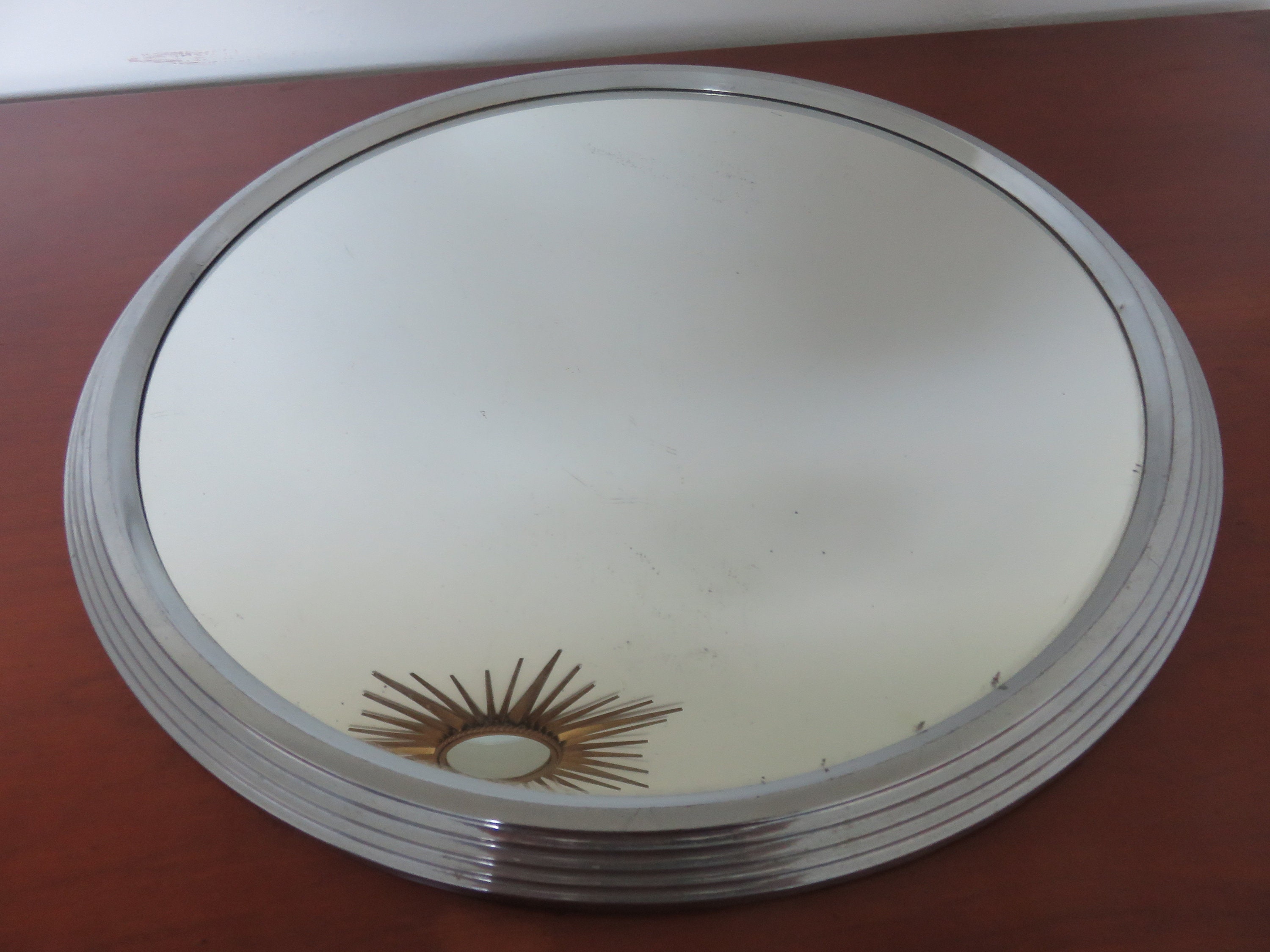 Grand Plateau Miroir, Rond, Aluminium, Diamètre 42, 5 Centimètres, Art Deco Mid Century 1940 1950 40