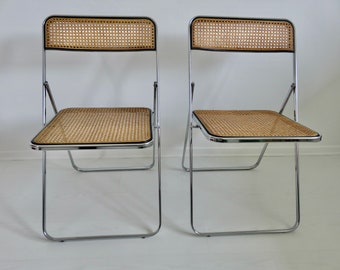 Pair of "ELIOS" folding chairs by COLLE D'ELSA, Italy, in cane and chrome metal 1980 80's vintage caning folding chair