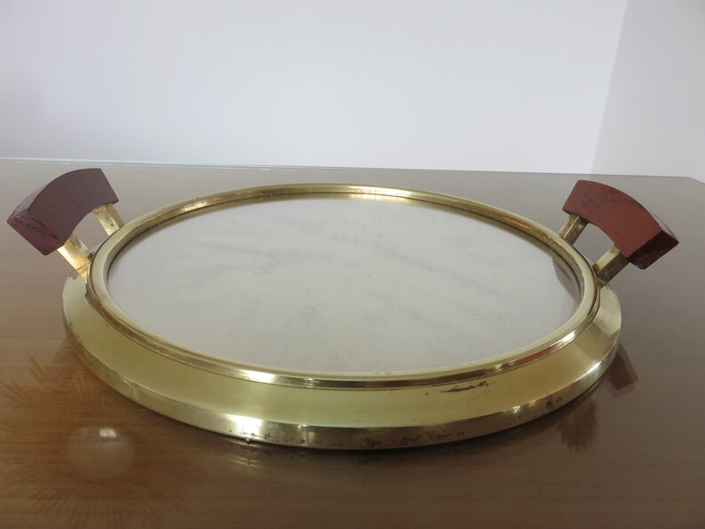 Antique Brass Round Mirror Tray Art Deco Mid Century 1930 1940 Antique Brass Round Mirror Tray Art