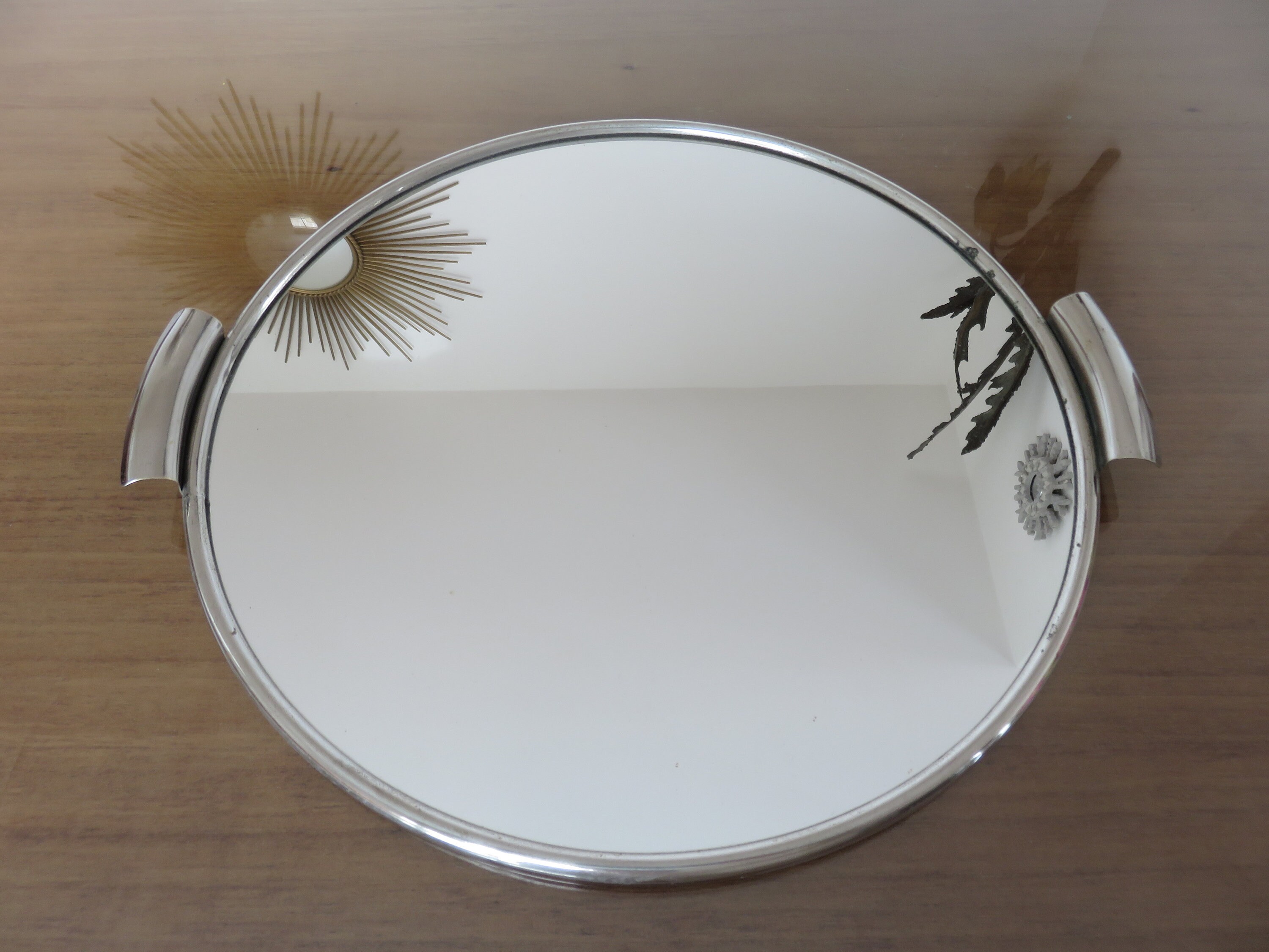 Plateau Miroir Rond, en Laiton Chromé, Art Deco Mid Century 1940 1950 40's 50's Old French Vintage R