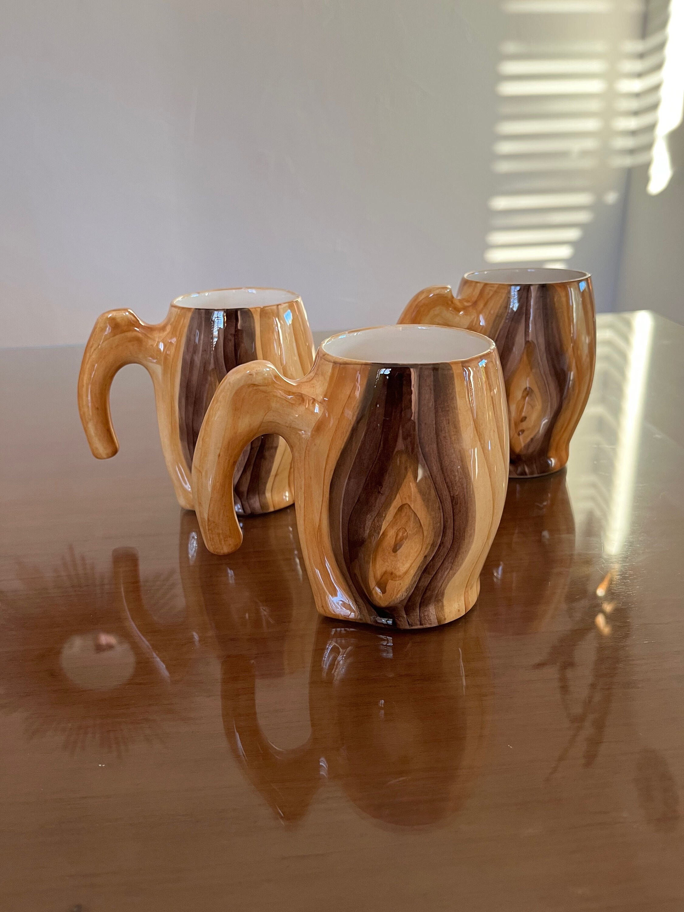 3 Tasses en Céramique, Aspect Faux Bois, Modernistes, 1950 1960 50's 60's Mid Century Vintage French