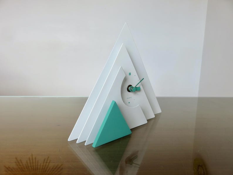 Trangular Clock MAKIKO TANIGUCHI, Triangular Table Clock, Japan, in White and Green ...
