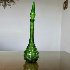 Large bottle, carafe Italy, Empoli, in green bubble glass, mid century 1950 1960 50&#39;s 60&#39;s old vintage green bubble bottle carafe