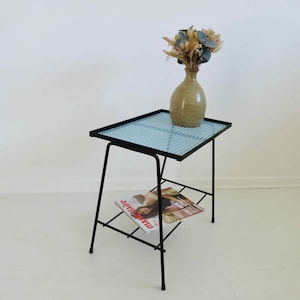 Side table, in the Mathieu MATEGOT style, pale blue clover perforated metal 1950 1960 50's 60's mid century French vintage metal table
