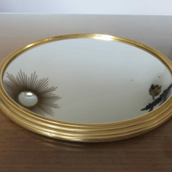 plateau miroir rond, en aluminium doré, art deco mid century 1940 1950 40's 50's old French vintage round mirror tray