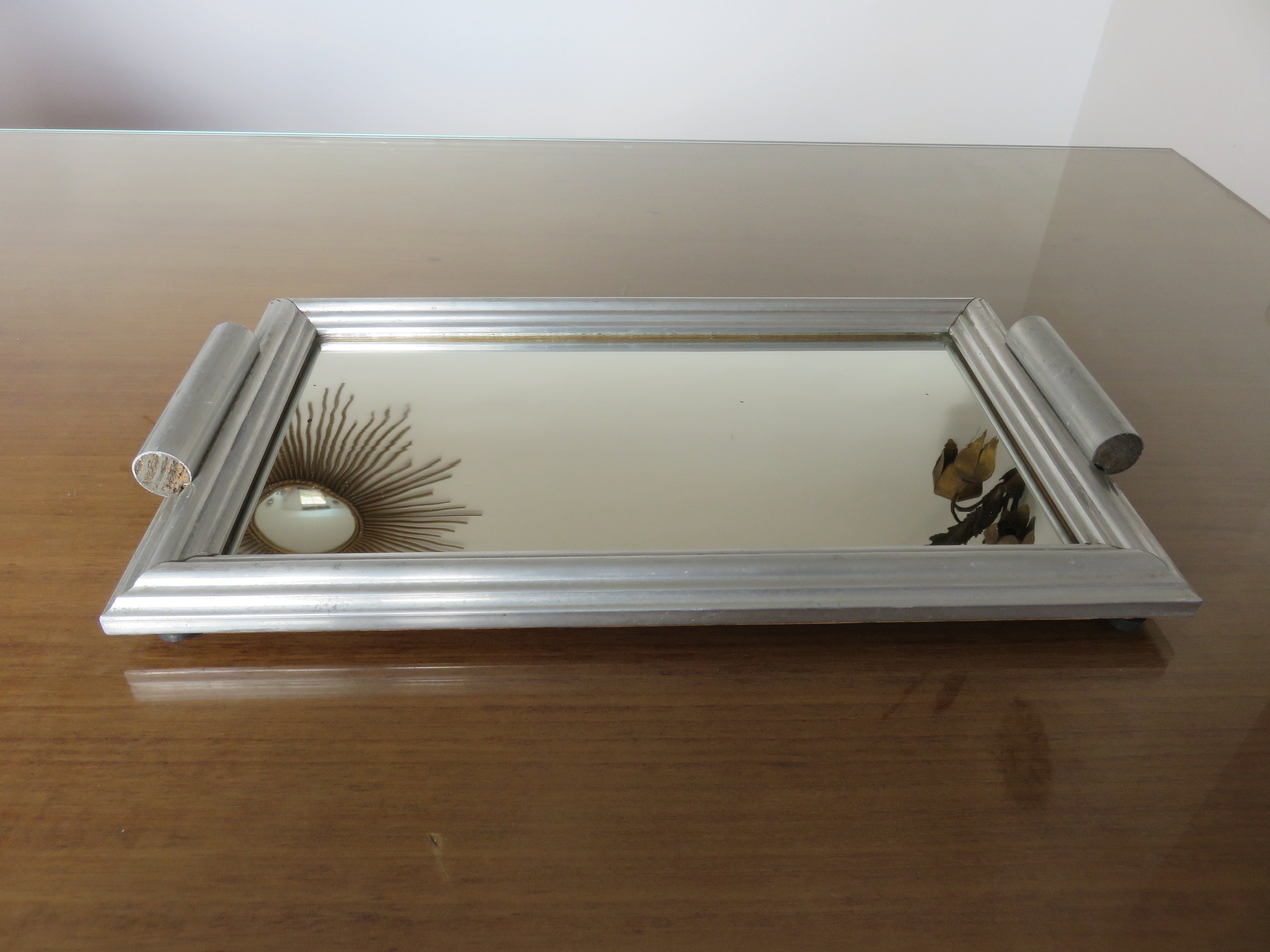 Ancien Plateau Miroir Rectangulaire, en Bois Argenté, Art Deco, 1930 1940 30's 40's Old French Vinta