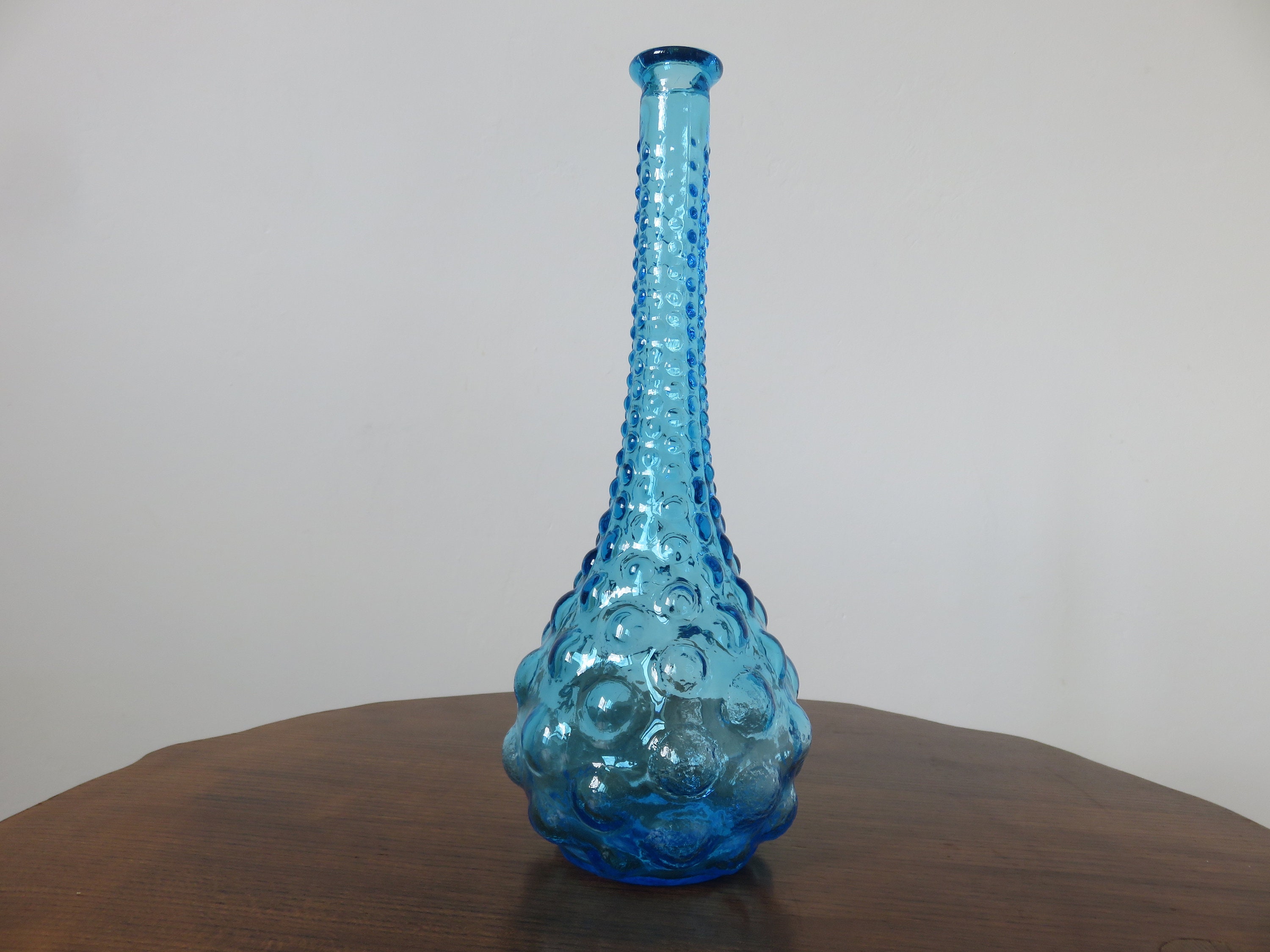 Grande Bouteille, Carafe, Empoli, Italy, en Verre Bullé Bleu Mid Century 1960 1970 60's 70's Old Vin