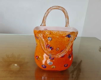 Sac à main, vase, en verre de Murano orange, mid century 1960 1970 60's 70's old vintage Italy orange glass vase