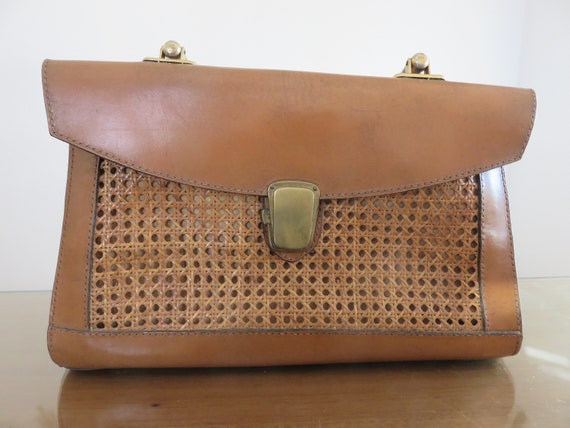 vintage handbag, rattan canning and leather stitch