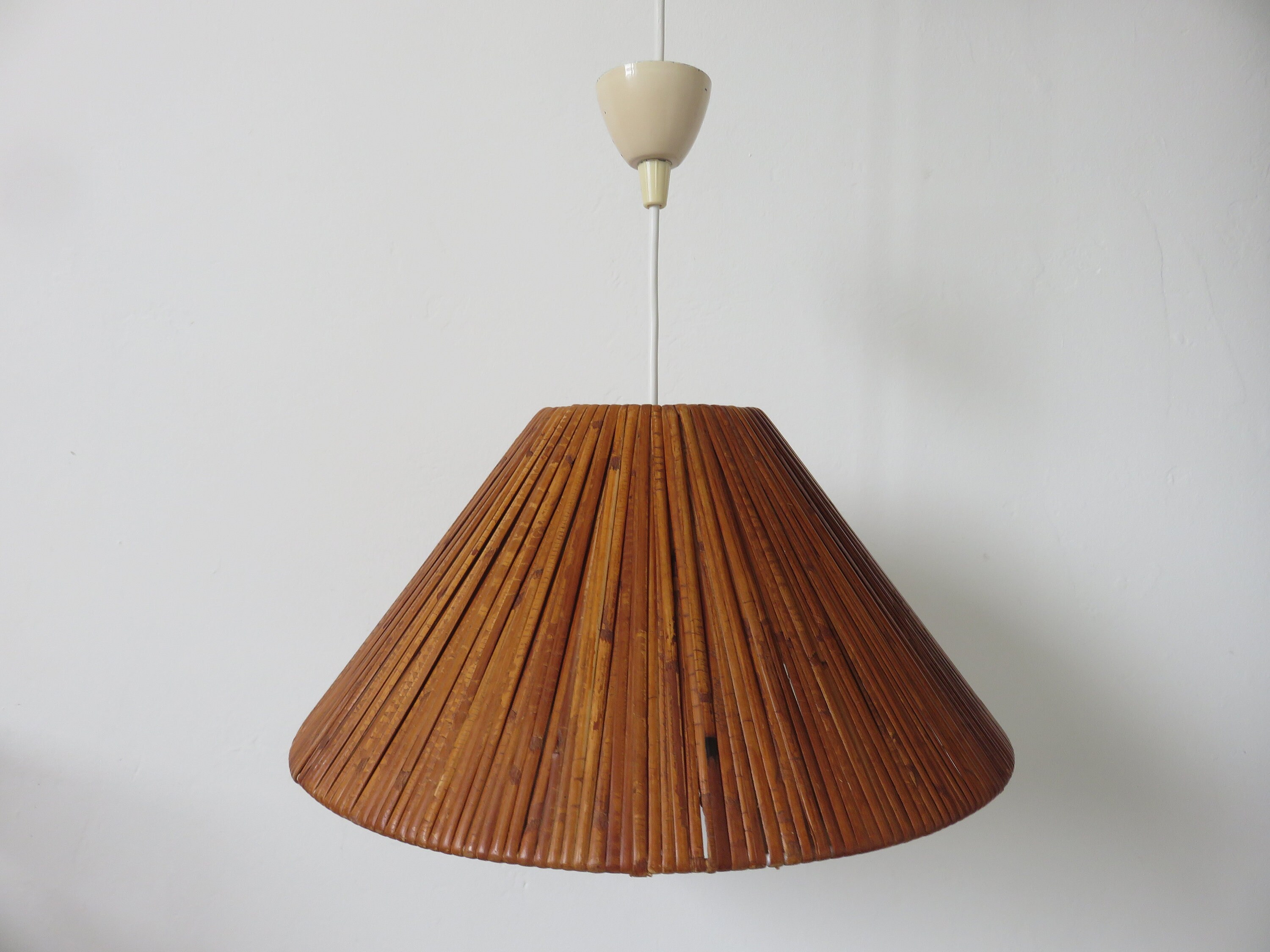 Grande Suspension en Rotin Bambou, Mid Century 1960 1970 60's 70's Vintage Pendant Lamp Era Bonacina