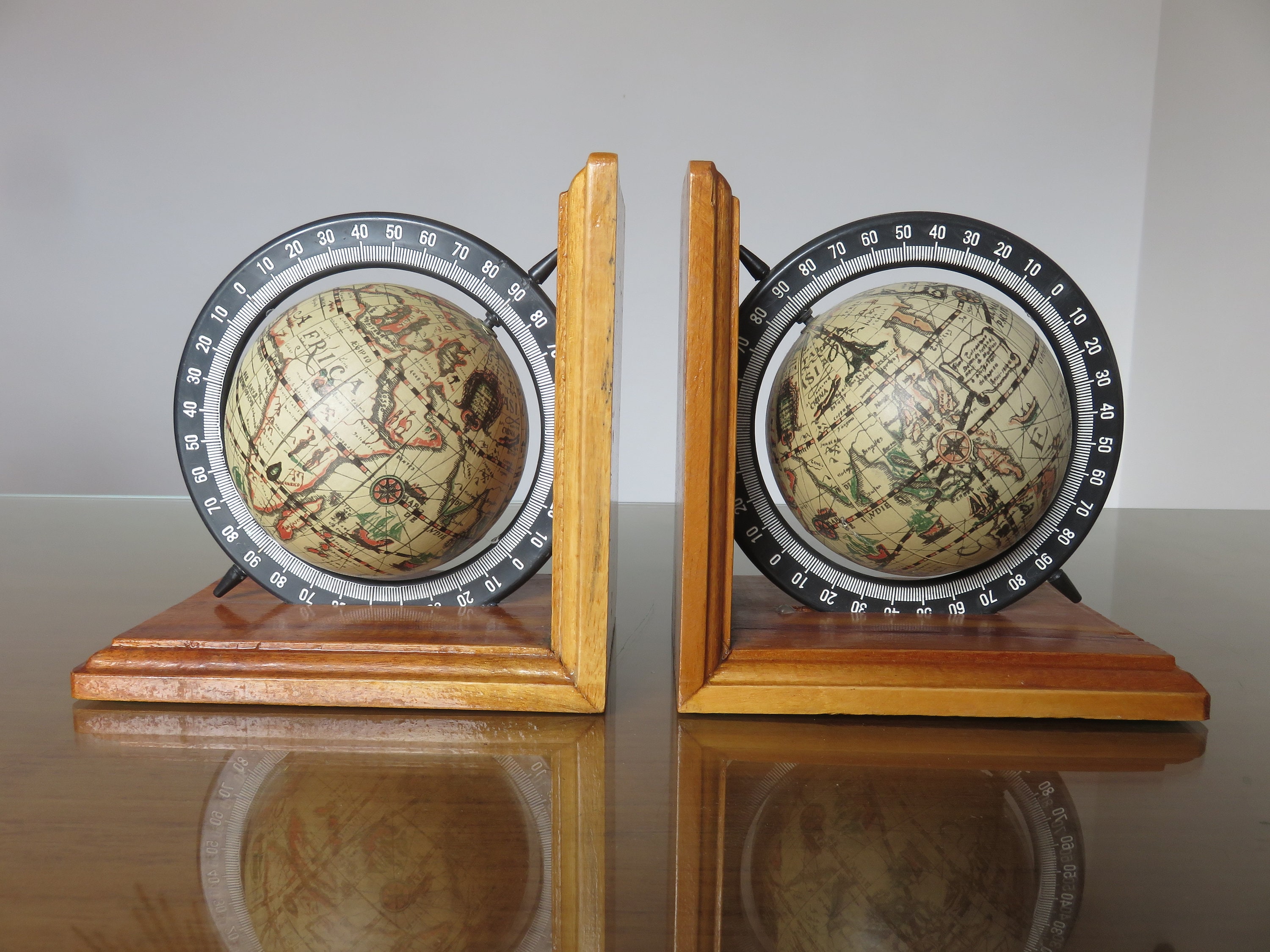 Ancienne Paire de Serre Livres Globe Terrestre en Bois Mid Century 1960 1970 60's 70's Vintage Wood 
