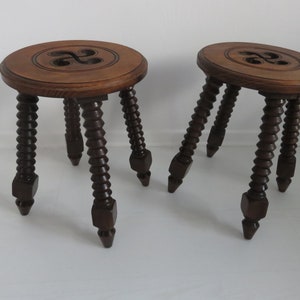 rare pair of "Basque Cross" stools in solid wood, made in the Basque Country 1930 1940 30's 40's old vintage French solid wood stools