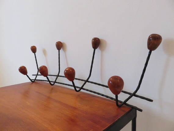 Porte Manteau Mural Scandinave Fer Forgé Noir Boules Bois 8 Patères Mid Century Typique 1950 1960 50s 60s Vintage Scandinavian Coat Rack