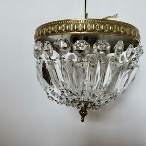 &quot;Hot air balloon&quot; ceiling light with tassels and brass 1970 1980 70&#39;s 80&#39;s old vintage French ceiling lamp