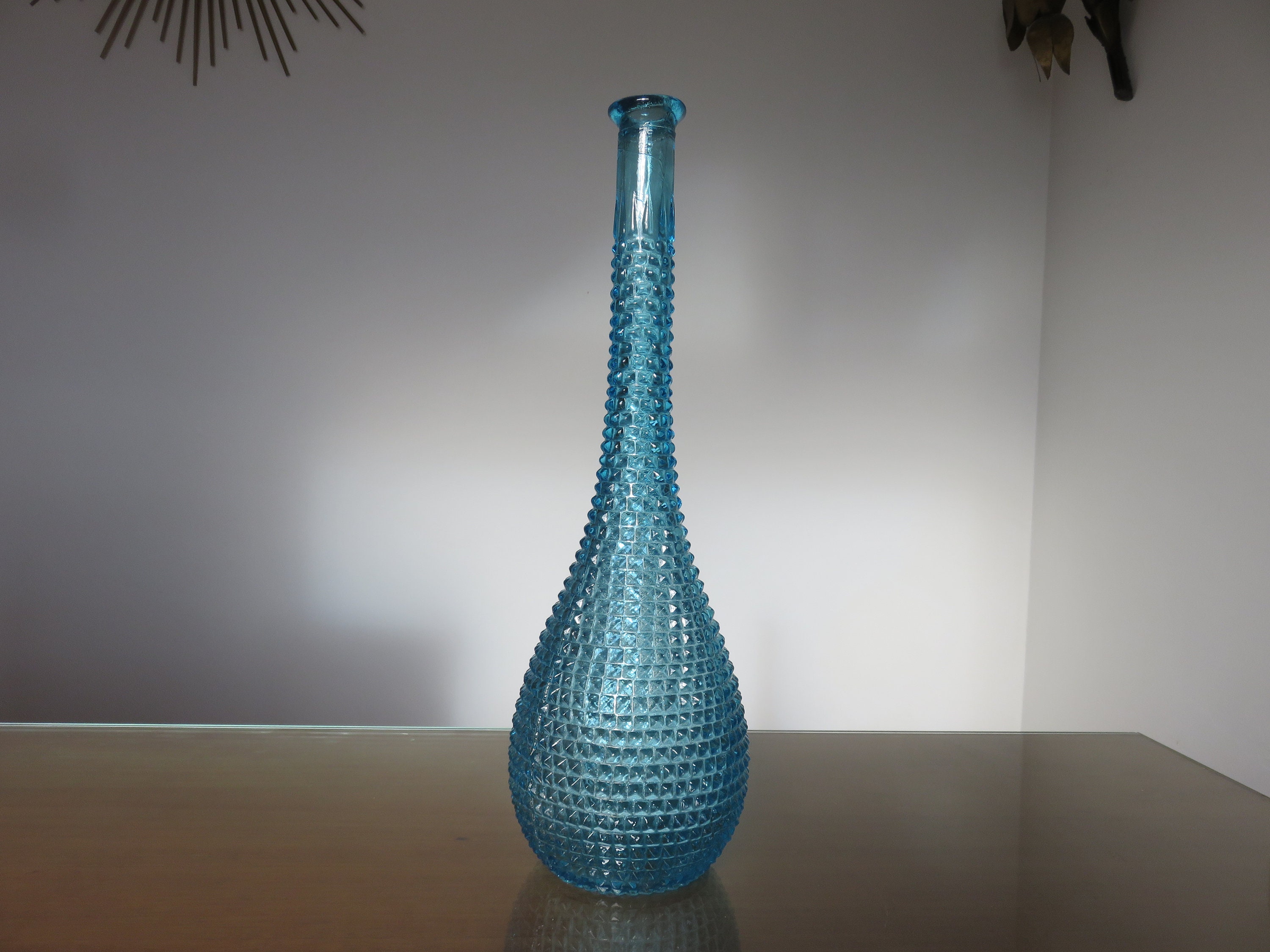 Grande Bouteille, Carafe, Empoli, Italy, Verre Pointe de Diamant Bleu Mid Century 1960 1970 60's 70'