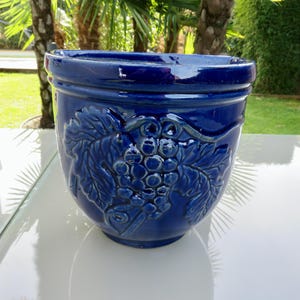 Peut inclure: Un pot de fleur en céramique bleu cobalt avec une finition brillante. Le pot présente un motif en relief détaillé de raisins et de feuilles. Le pot rond convient à une utilisation intérieure ou extérieure. Le pot mesure environ 25 cm de diamètre et 20 cm de haut.