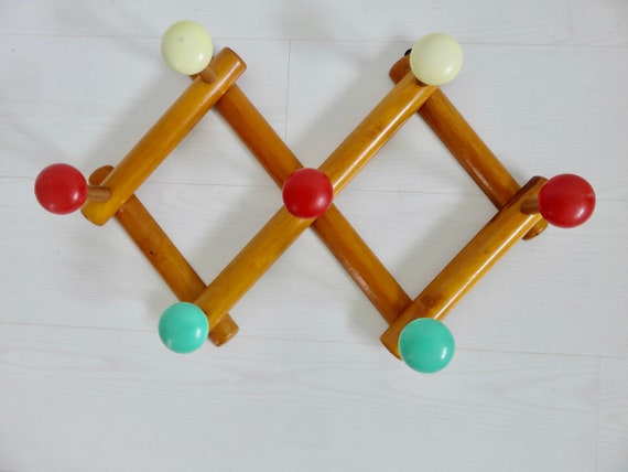 Wall Coat Rack, Accordion, Wood and 8 Plastic Balls 3 Colors Mid 