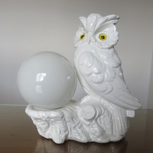 rare "HIBOU" "CHOUETTE" lamp in white ceramic and white opaline ball mid century 1970 70's vintage French white ceramic OWL lamp