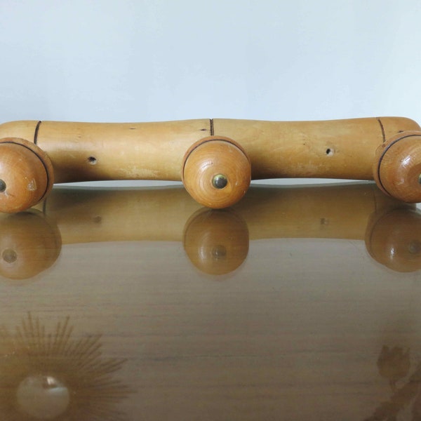 wall coat rack, wooden, 3 hooks, mid century 1960 1970 60's 70's old vintage French wood coat rack