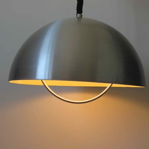 imposing Scandinavian suspension, in aluminum, half sphere shape, rises and falls 1970 70's vintage pendant lamp