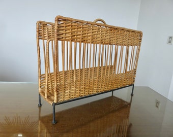 Magazine rack in rattan, wicker and metal, mid century 1960 1970 60's 70's vintage French iron and rattan, wicker magazine rack