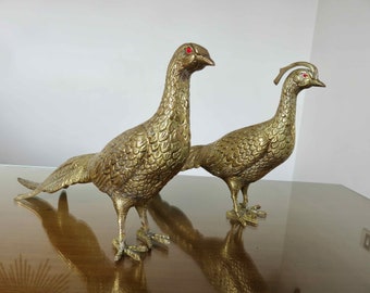 Pair of large, XXL brass pheasants/peacocks, mid-century (1960s-1970s), vintage French brass sculptures.