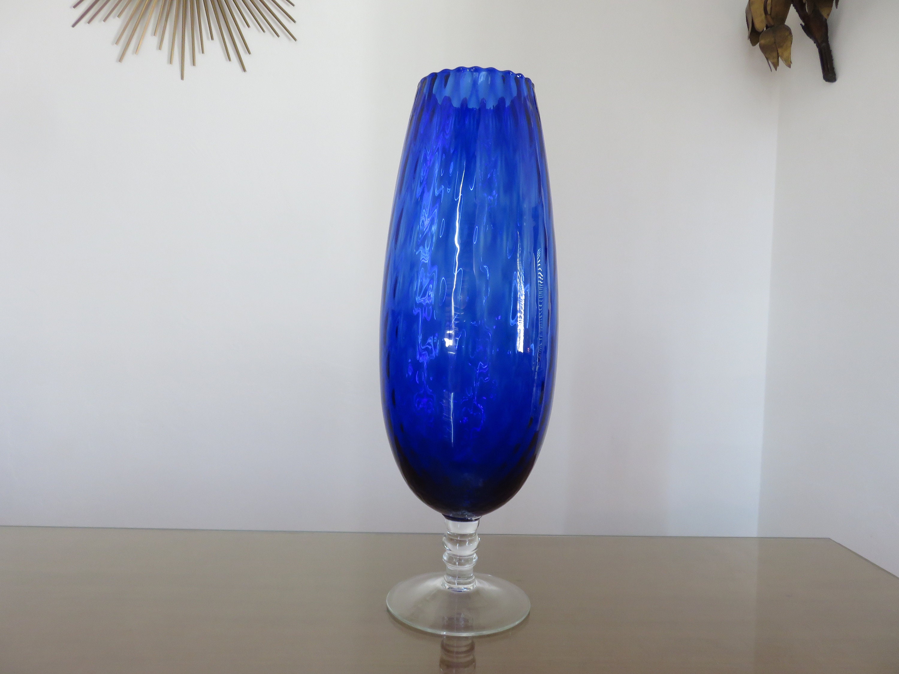 Grand Vase, Made in Italy, en Verre Texturé Bleu Mid Century 1960 1970 60's 70's Old Vintage Italian