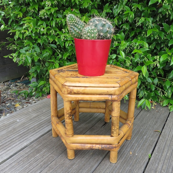 Sellette, porte plante hexagonal, en bambou 1960 1970 60's 70's mid century  French vintage bamboo table plant stand hot seat