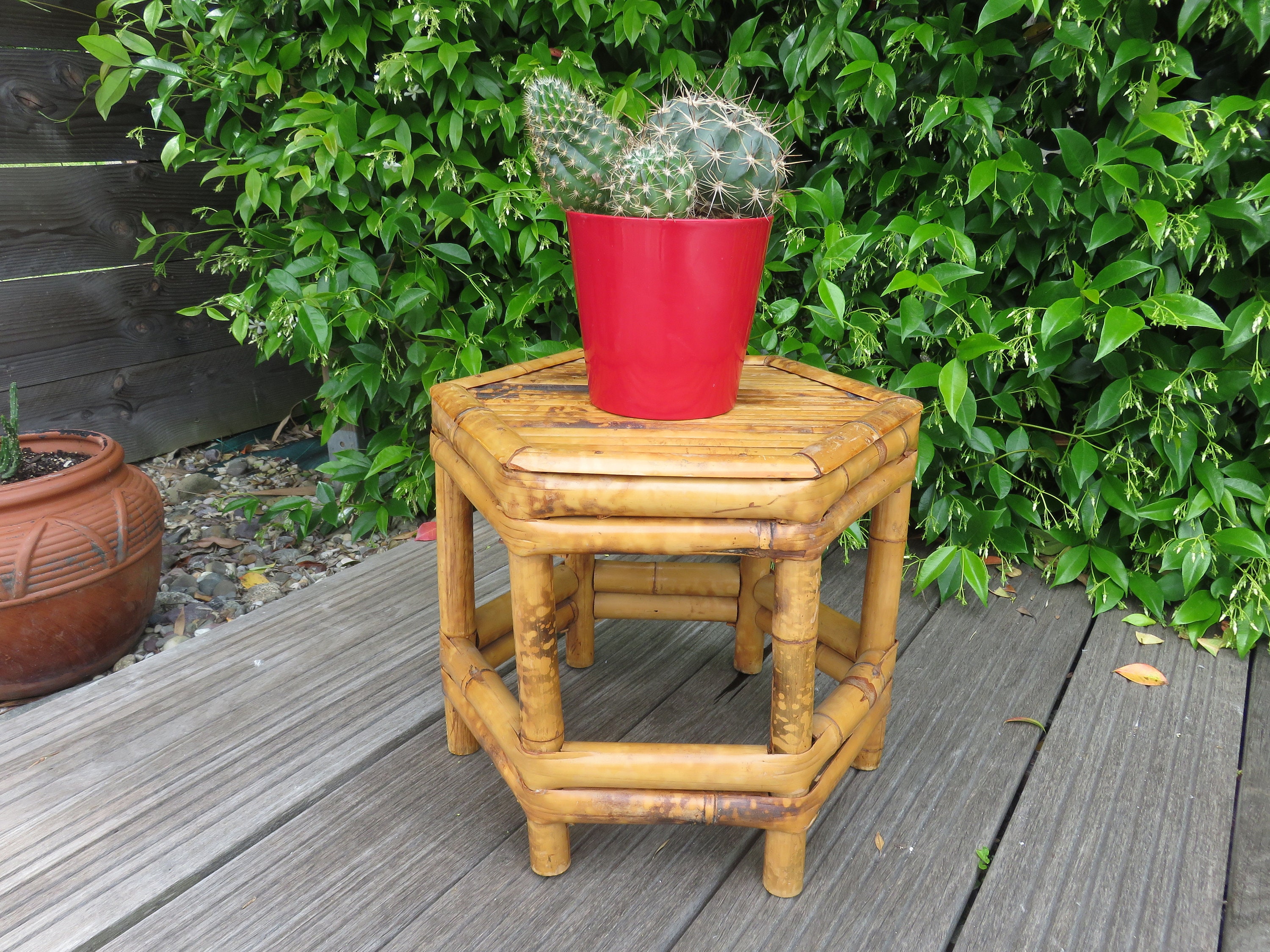 Sellette, Porte Plante Hexagonal, en Bambou 1960 1970 60's 70's Mid Century French Vintage Bamboo Ta