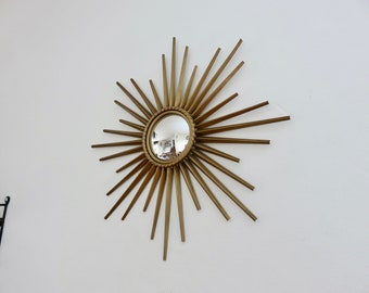 Rare petit miroir soleil CHATY VALLAURIS, bombé, en métal doré mid century 50's 60's 1950 1960 old vintage French sunburst gold mirror