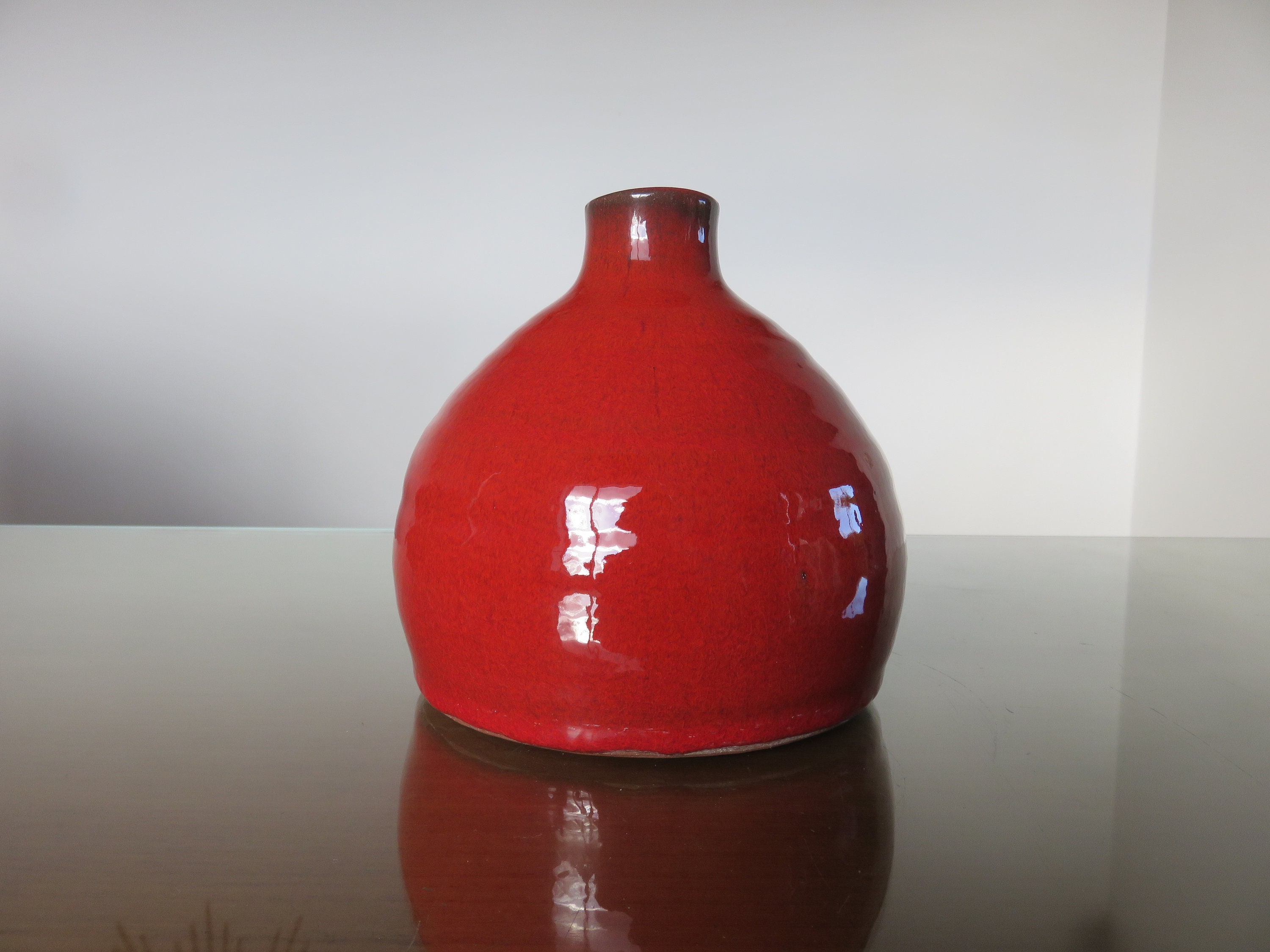 Vase Boule, en Céramique Rouge, Non Signé Mid Century 1950 1960 50's 60's Vintage French Ceramic Vas