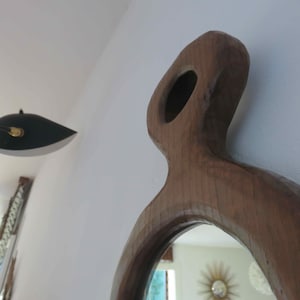 Large wall mirror, in solid wood carved with a gouge, free form, style Ateliers de Marolles 1940 40&#39;s old vintage French solid wood mirror