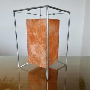 May include: A contemporary lamp featuring an orange, textured shade within a silver metal frame. The lamp's design is minimalist, suitable for diverse interior styles. The lamp is placed on a reflective surface.