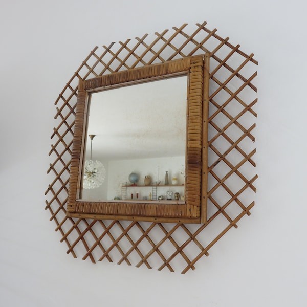 grand miroir, mural, en rotin, hexagonal mid century 1950 1960 50's 60's old vintage French rattan, bamboo mirror