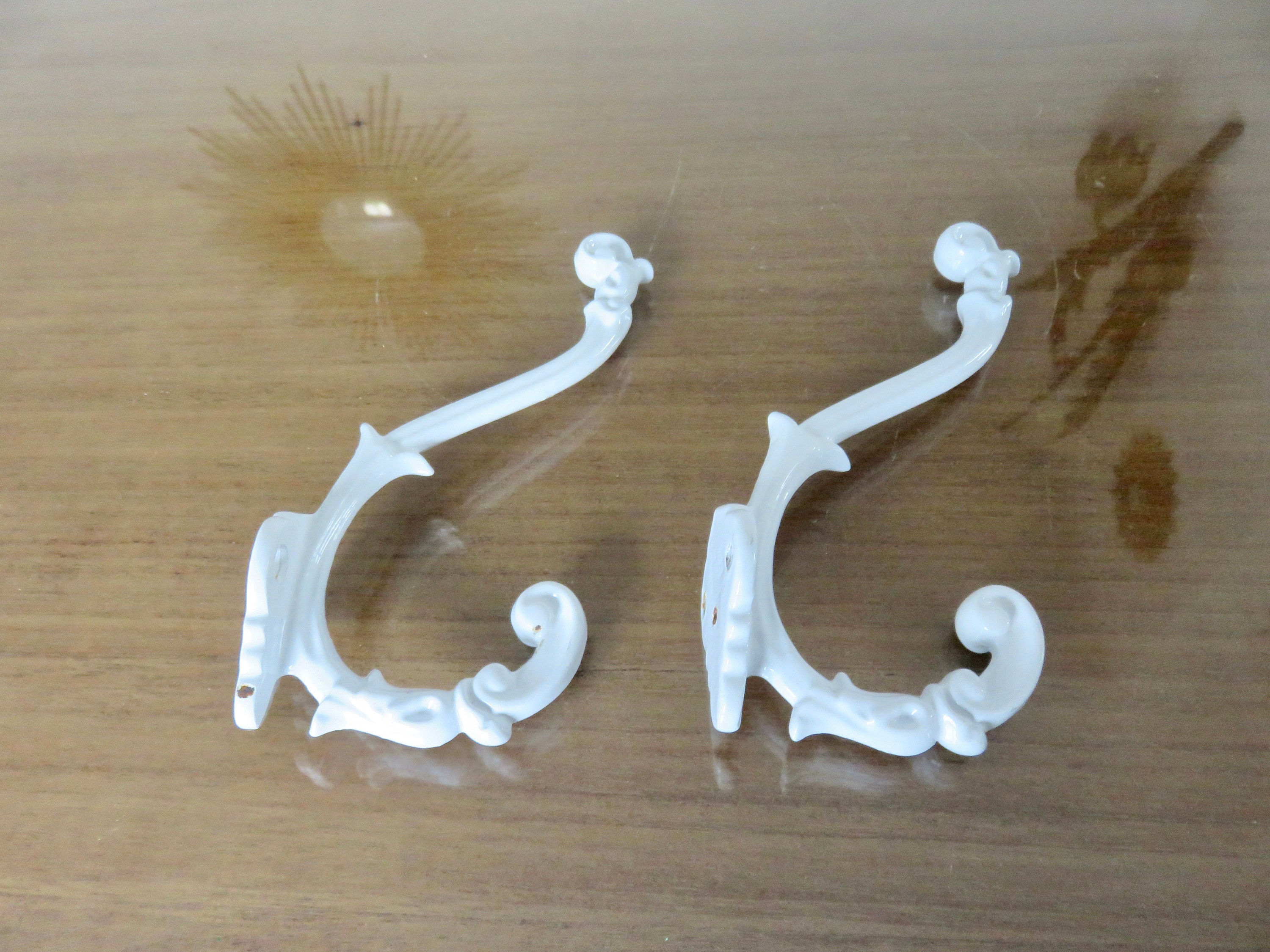 Pair of Wall Hooks, Coat Rack, Art Deco, White Cast Iron, French  Manufacturing 1930 1940 30's 40's Vintage Bistro, School 