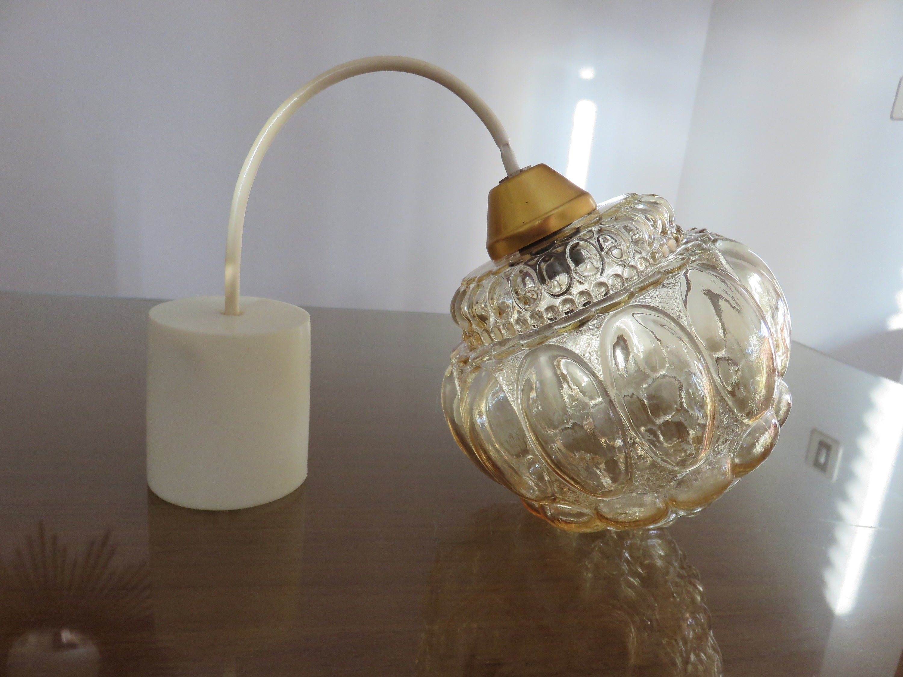 Lampe, Suspension Bubble en Verre Doré Ambré 1970 70's Vintage Glass Pendant Lamp