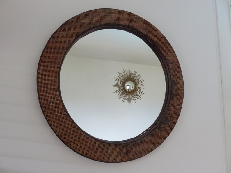 Large Round Wall Mirror In Rattan Caning French Manufacture Wall Mirror In Rattan Caning French
