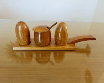 Serviteur scandinave, sel, poivre et moutarde en teck, mid century 1960 1970 60's 70's vintage teak salt, pepper and mustard