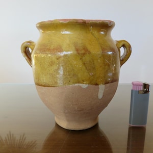Rare small preserve pot, glazed beige terracotta, from Southwest France, early 20th century, old vintage terracotta pot