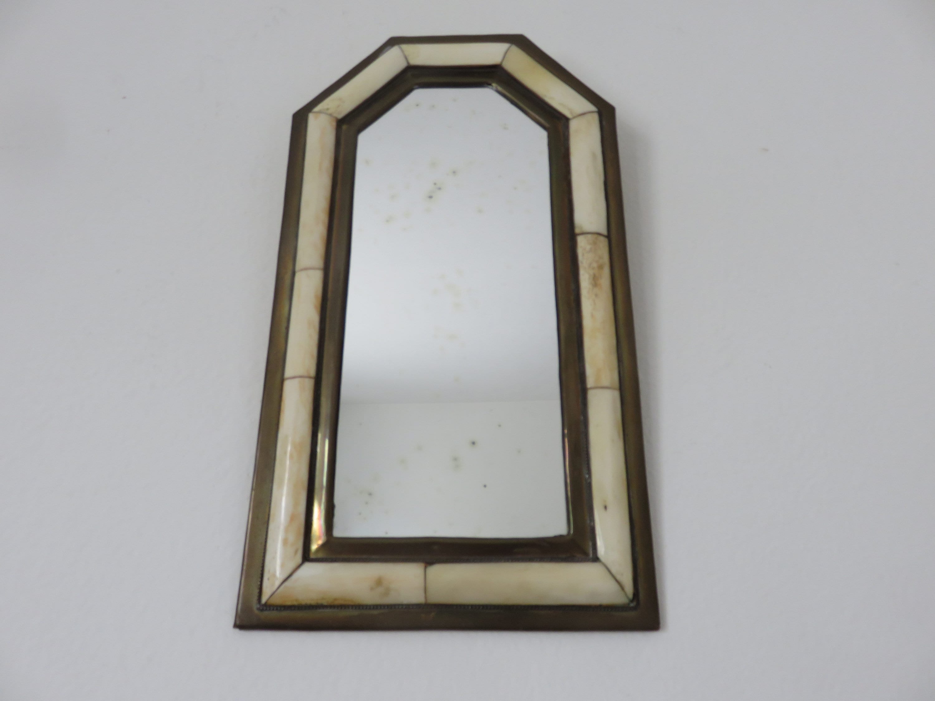 Ancien Miroir Mural, Oriental, Marocain, Ethnique, Laiton et Incrustations Mid Century 1960 1970 60'