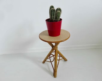 Plant holder, bolster, tripod, bamboo rattan, mid century 1960 1970 60's 70's French vintage rattan bamboo stool
