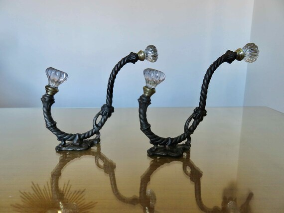 Pair of Double Wall Hooks, Cast Iron, Crystal and Brass, Art Deco