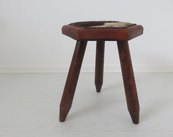 tripod stool, wood and cow skin, compass feet 1950 1960 50's 60's mid century old vintage French wood and cow skin stool