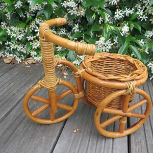 pot holder, tricycle, bicycle, rattan and bamboo, mid century 1960 1970 60's 70's French vintage rattan, bamboo, trike pot holder