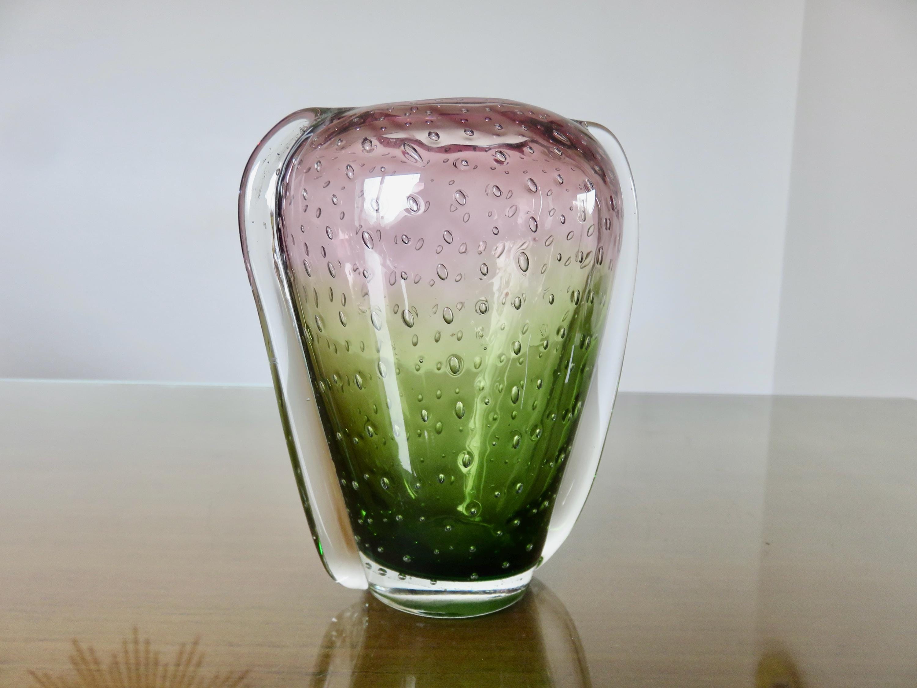 Murano glass vase, blown, bubbled, purple and green mid century 1960 60's vintage Murano glass vase