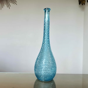 large bottle, carafe, Empoli, Italy, blue diamond point glass mid century 1960 1970 60&#39;s 70&#39;s old vintage Italy blue bottle, carafe